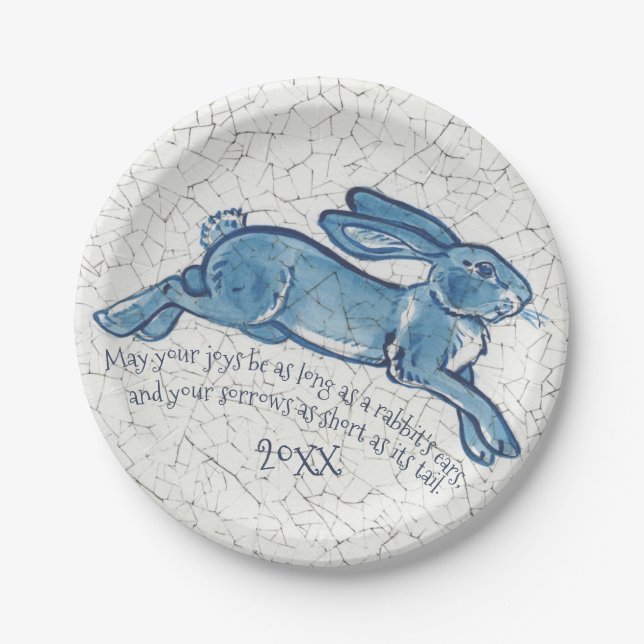 New Year Blue White Bunny Rabbit Delft Dedham Datu Pappteller (Vorderseite)