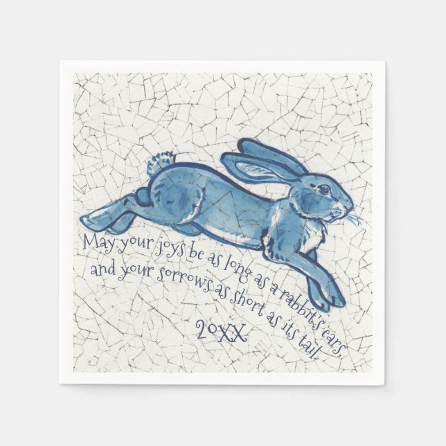 New Year Blue White Bunny Rabbit Delft Dedham Datu Serviette (Vorderseite)