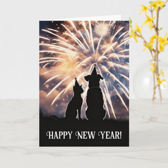 New Year Cat Dog Party Hats Fireworks Wishes  Karte (Gelbe Blume)