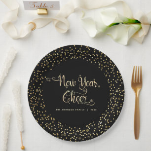 New Year Chee Black Gold Script Snowflake Glitzer Pappteller