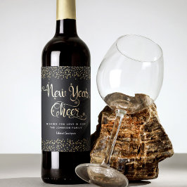 New Year Chee Black Gold Script Snowflake Glitzer Weinetikett