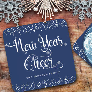 New Year Cheer White Script Snowflakes Navy Custom Getränkeuntersetzer