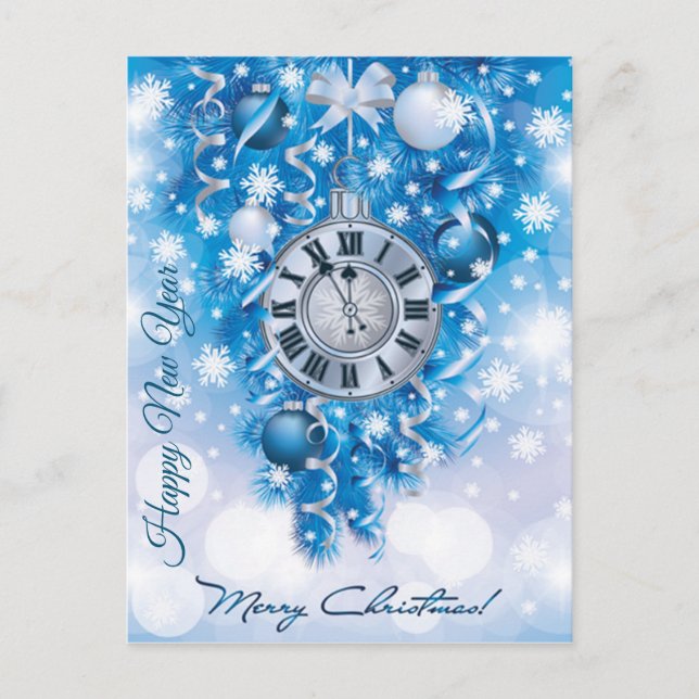 New Year Clock Blue n White Frohe Weihnachten Postkarte (Vorderseite)