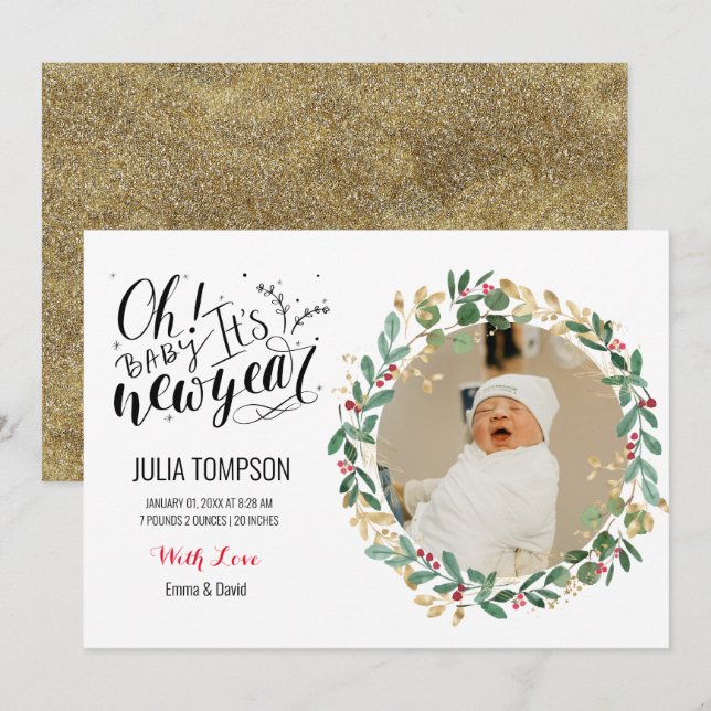 New Year Gold Floral Green Baby Ankündigung (Vorne/Hinten)