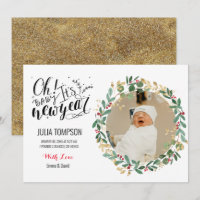 New Year Gold Floral Green Baby Ankündigung