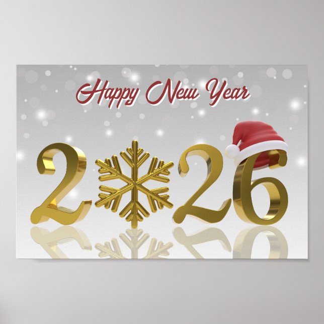 New Year Golden 2026 with Snowflake and Santa Hat Poster (Vorne)