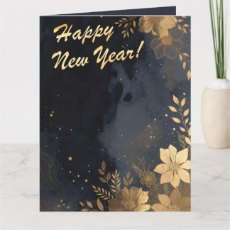 New Year Golden Flowers In Blue Strokes Karte