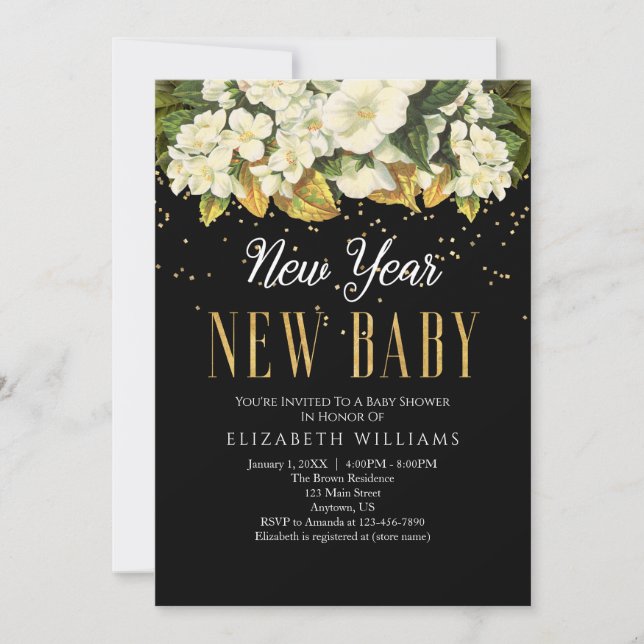 New Year New Baby Gold Black Floral Baby Dusche Einladung (Vorderseite)