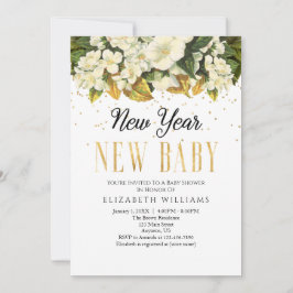 New Year New Baby Gold White Floral Baby Dusche Einladung