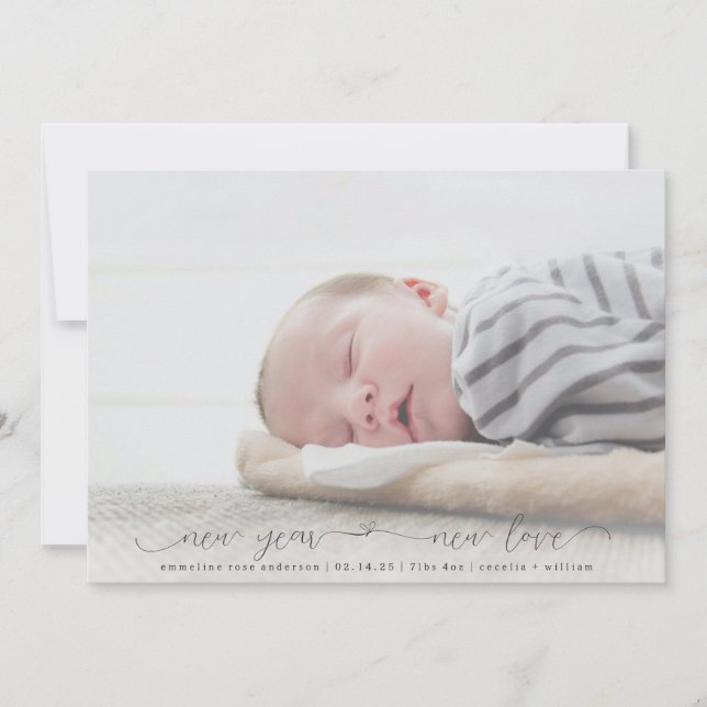 New Year New Love Script Photo Birth Announcement Ankündigung (Vorderseite)