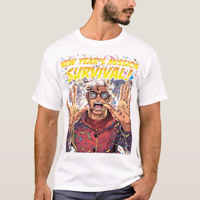 New Year’s Mission: Survival! Funny Comic Characte T-Shirt (Vorderseite)