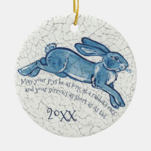 New Years Blue White Rabbit Bunny Delft Dedham Keramik Ornament