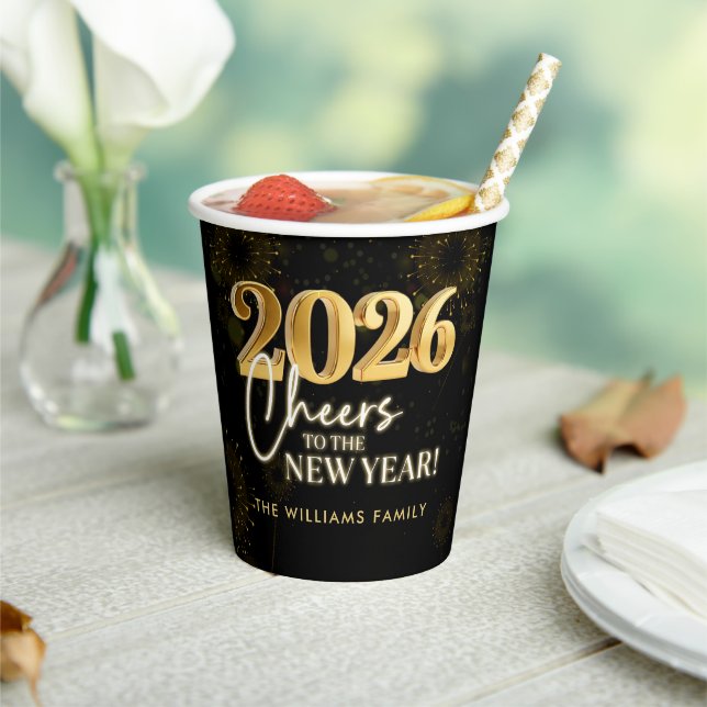 New Year's Eve 2026 Party Gold Glitter Pappbecher (In Situ)
