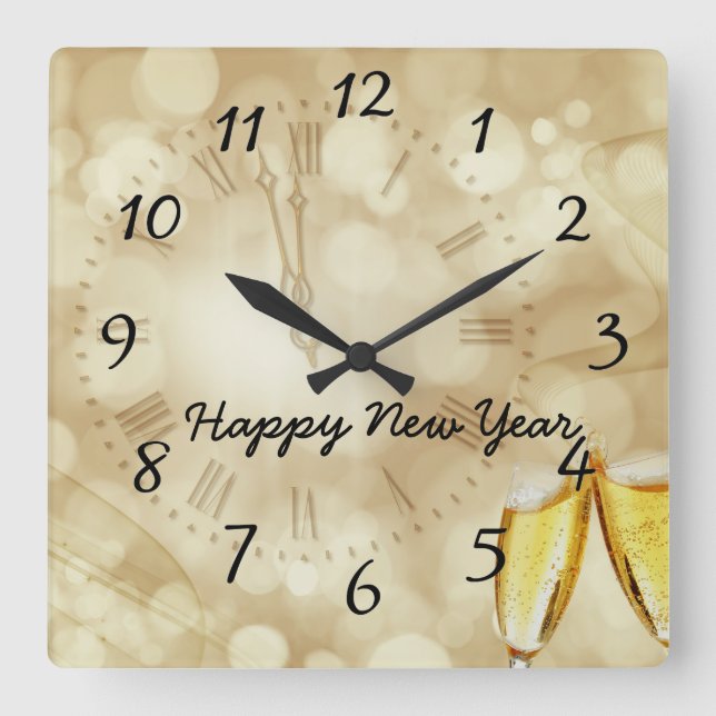 New Year's Eve with champagne glasses  Quadratische Wanduhr (Vorderseite)