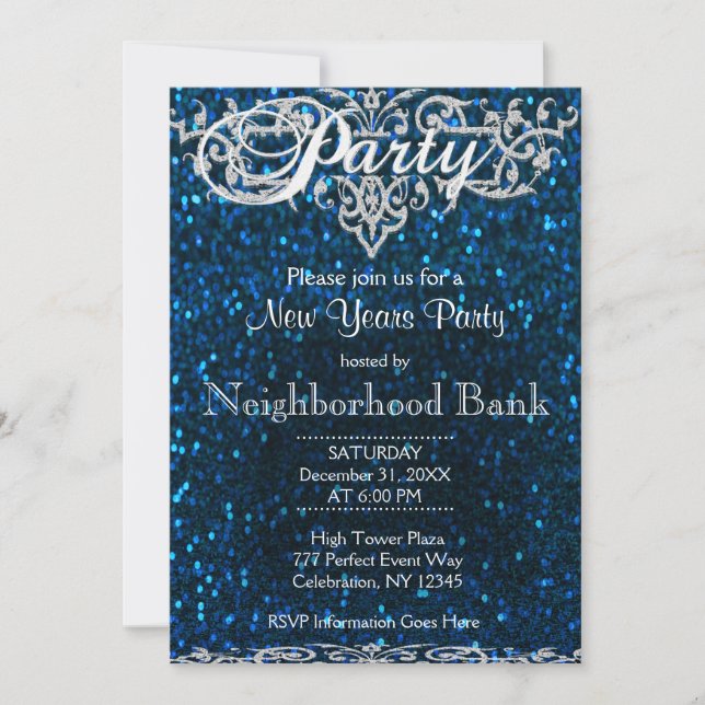 New Years Party | Blau und Silber Einladung (Vorderseite)