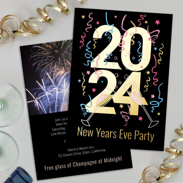 New Years Party champagne glasses celebration 2024 Folieneinladung (Von Creator hochgeladen)