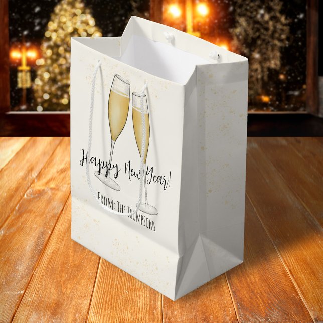 New Years Party Whimsical Cute Fun Champagne  Mittlere Geschenktüte (Happy New Year champagne gift bag. )