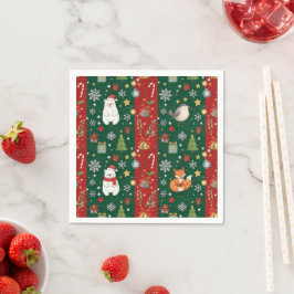 New Year's print, bear, Christmas tree, fox, bird Serviette