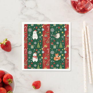 New Year's print, bear, Christmas tree, fox, bird Serviette