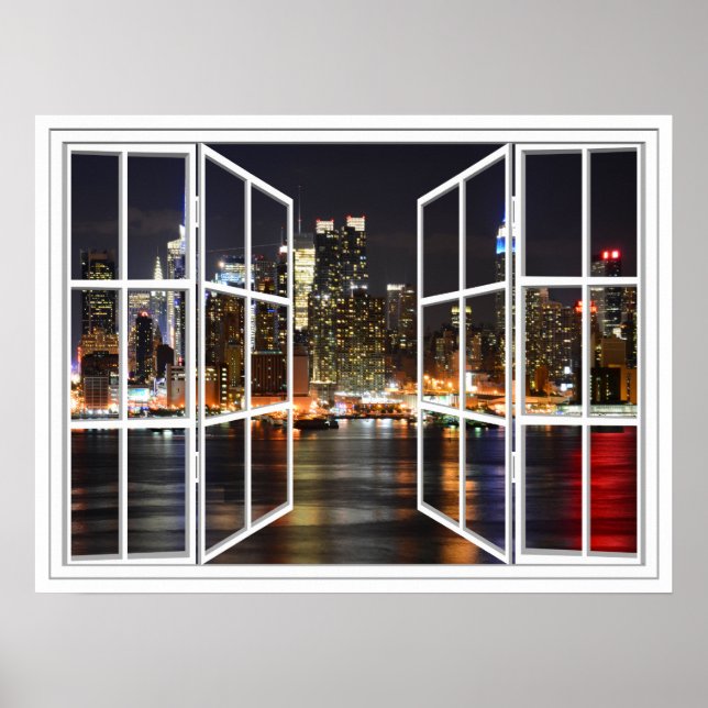 New York bei Night White 24 Pane Open Window Poste Poster (Vorne)