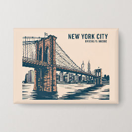 New York Brooklyn Bridge Skyline Bold Retro Travel Button