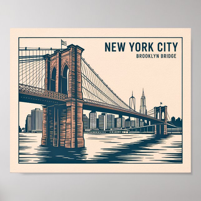 New York Brooklyn Bridge Skyline Bold Retro Travel Poster (Vorne)