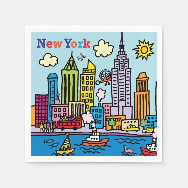 New York Cartoons Sightseeing Gebäude Serviette (Vorderseite)