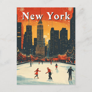 New York Christmas Ice Skaten Retro Postkarte