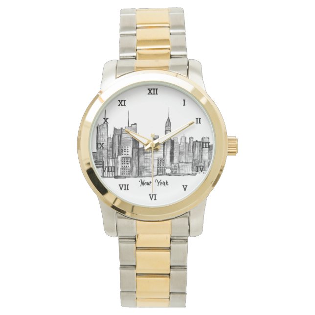 New York City Black Modern Skyline Travel NYC Armbanduhr (Vorderseite)