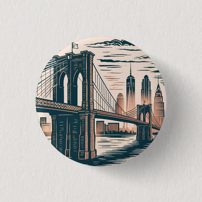 New York City Brooklyn Bridge Bold Retro Skyline Button (Vorderseite)