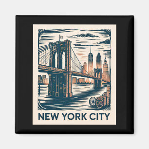 New York City Brooklyn Bridge Bold Retro Skyline _ Magnet
