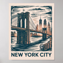 New York City Brooklyn Bridge Bold Retro Skyline