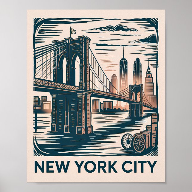 New York City Brooklyn Bridge Bold Retro Skyline Poster (Vorne)