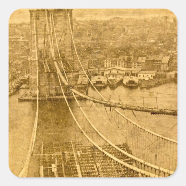 New York City Brooklyn Bridge Construction 1870s Quadratischer Aufkleber (Vorderseite)