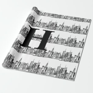 New York City Einfach Elegant Schwarz Weiß Monogra Geschenkpapier