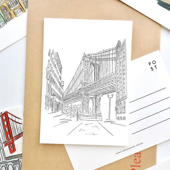 New York City Manhattan Bridge Postcard Einladungspostkarte (Black and white sketch New York Brooklyn Bridge travel postcard.)