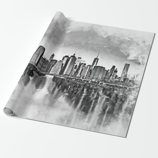 New York City Manhattan Skyline - Schwarz-Weiß Geschenkpapier (Ungerollt)