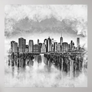 New York City Manhattan Skyline - schwarz-weiß Poster