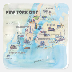 New York City Manhattan Vintage Reiseposter Karte Quadratischer Aufkleber