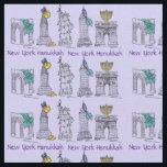 New York City NYC Chanukah Hanukkah Fabric Stoff<br><div class="desc">Fabric besticht durch verschiedene New Yorker Gebäude und Sehenswürdigkeiten,  die für den Urlaub "gekleidet" sind,  mit NEW YORK HANUKKAH in einem lila Schriftart. Erstellt aus einer originalen Stift-und-Tinte-Illustration.</div>