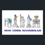 New York City NYC Happy Hanukkah Chanukah Holiday Rechteckiger Aufkleber<br><div class="desc">Eine originelle Brien-and-Tinte-Illustration verschiedener New Yorker Sehenswürdigkeiten, die für die Urlaubssaison "gekleidet" sind. Perfekt für Hanukkah! Diese Chanukah Illustration ist auch auf anderen Produkten verfügbar. Sehen Sie nicht, wonach Sie suchen? Brauchen Sie Hilfe bei der Anpassung? Kontaktieren Sie Rebecca, um etwas für Sie entworfen zu haben.</div>