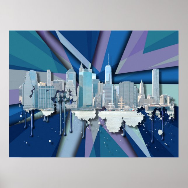 New York City Skyline | Blue 3D Poster (Vorne)