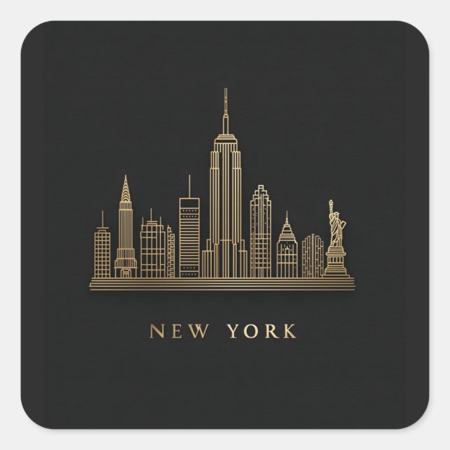New York City Skyline Gold Line Art Quadratischer Aufkleber (Vorderseite)