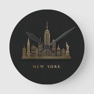 New York City Skyline Gold Line Art Runde Wanduhr