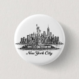 New York City Skyline Line Art Illustration Button