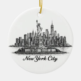 New York City Skyline Line Art Illustration Keramik Ornament