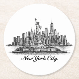 New York City Skyline Line Art Illustration Runder Pappuntersetzer