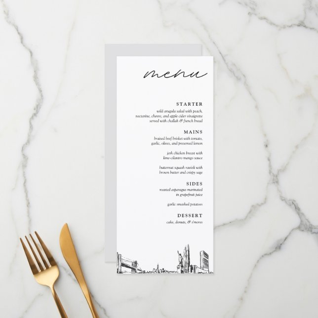 New York City Skyline Modern Wedding Dinner Menu Menükarte (Vorderseite/Rückseite Beispiel)