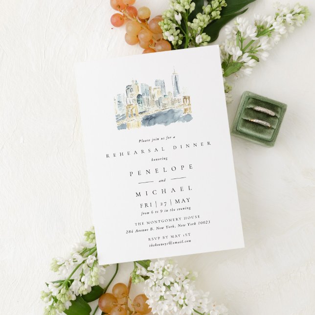 New York City Skyline Probe Dinner Einladung (Watercolor New York City Skyline wedding rehearsal dinner invitation.)