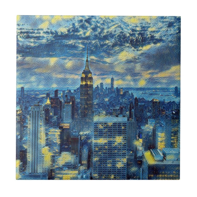 New York City Skyline Van Gogh Starry Night Art Fliese (Vorderseite)